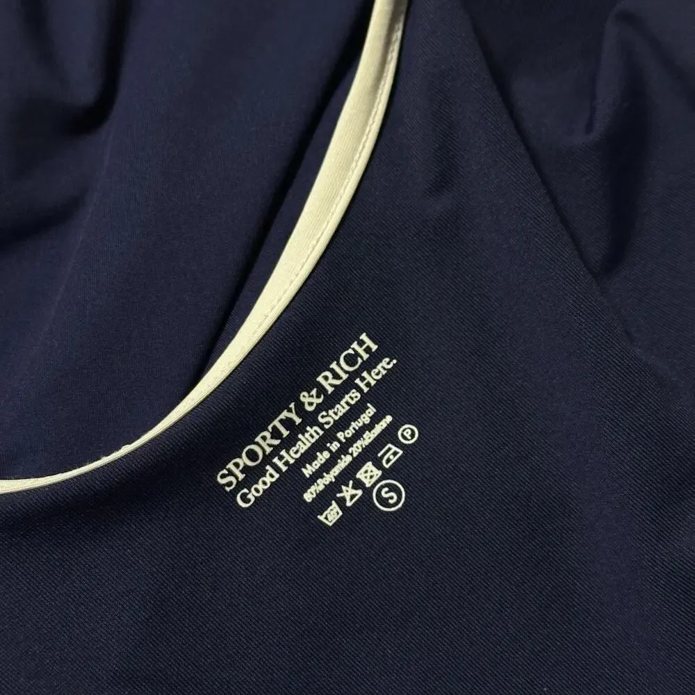 Sporty & Rich Carla Open Back One Piece Swimsuit in Navy Blue & White